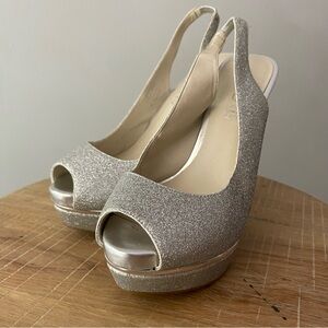 Aldo Peep Toe Silver Sparkling Heals With Platform Woman’s Size 8